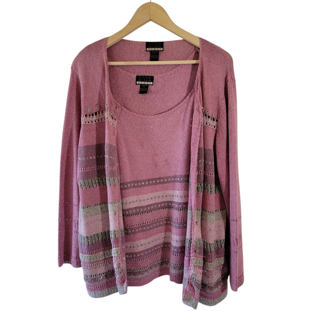 Sigrid Olsen Two Piece Cardi + Tank Top Silk Blend 1X Mauve Minimalist Corpcore